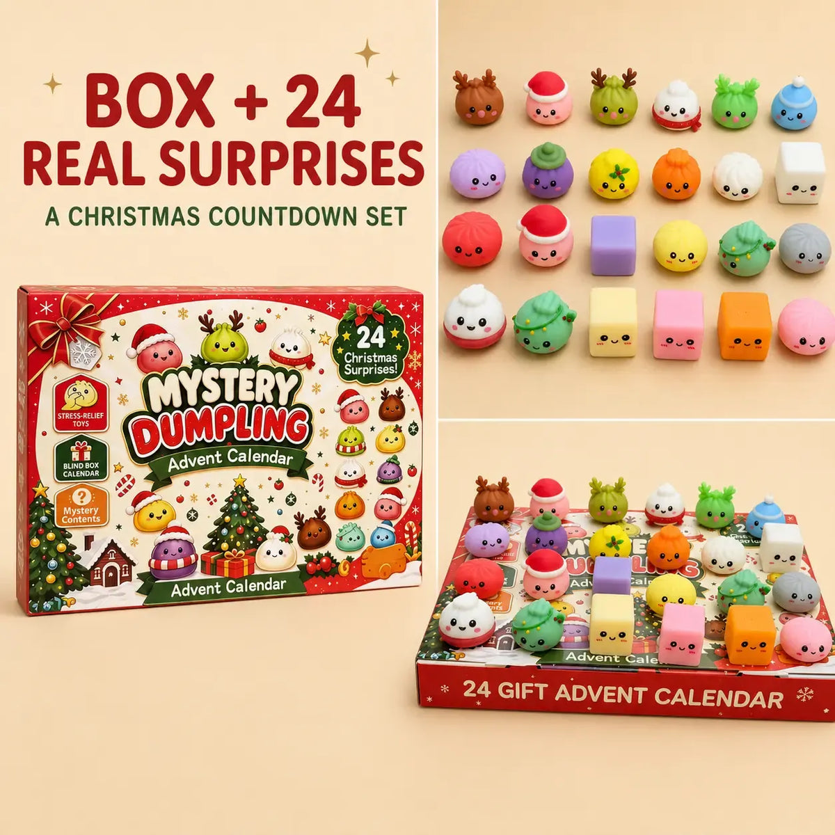 Christmas Advent Calendar 2026, 24 Days Countdown Calendar, Mini Dumpling Squishy Toys with Glitter, Christmas Holiday Gift for Kids