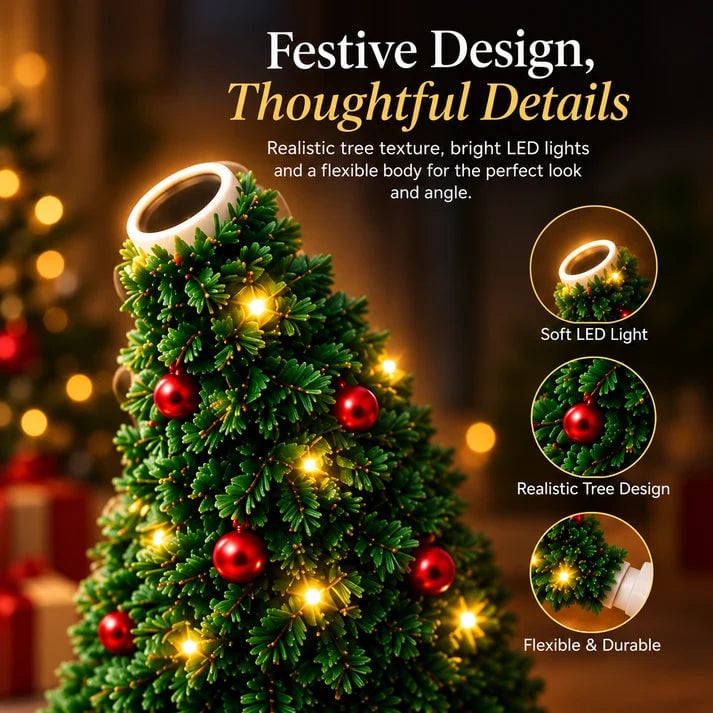 Christmas tree projector head with red ornaments and closeup details