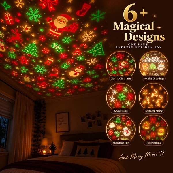 Holiday light patterns projected across a bedroom wall