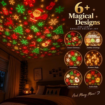 Holiday light patterns projected across a bedroom wall