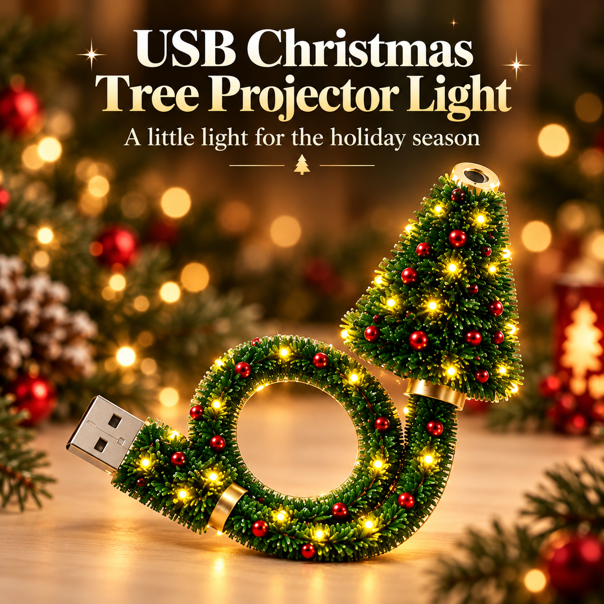 USB Christmas tree projector with decorated green coiled body