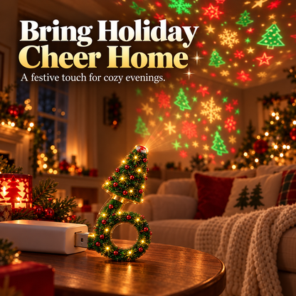 USB tree projector casting festive light patterns in a living room