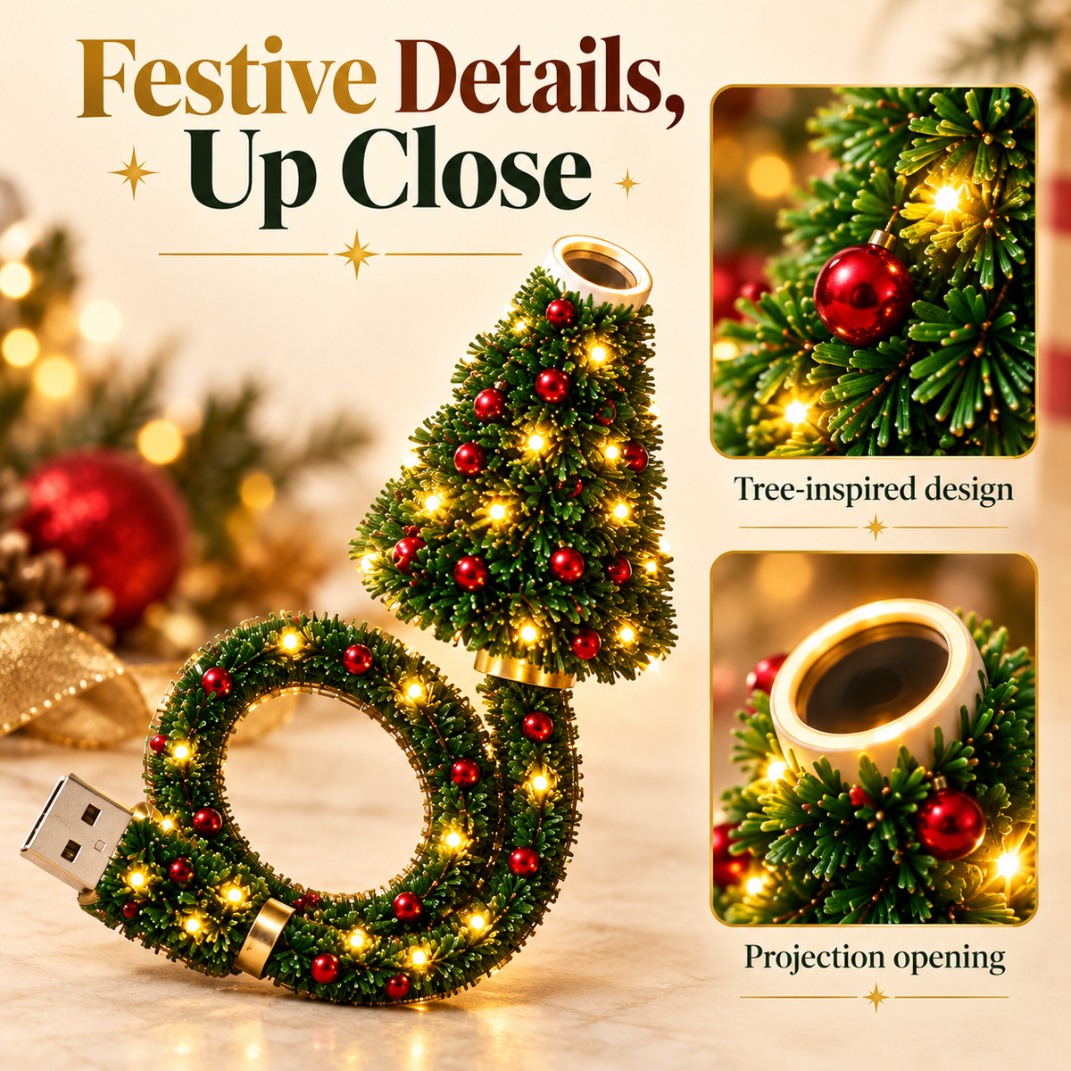 Christmas tree projector and closeups of its festive details