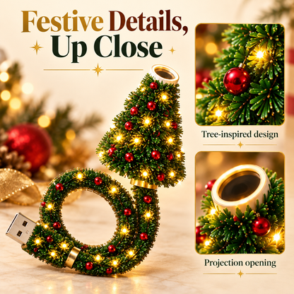 Christmas tree projector and closeups of its festive details