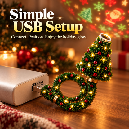 Christmas tree projector connected to a USB power source