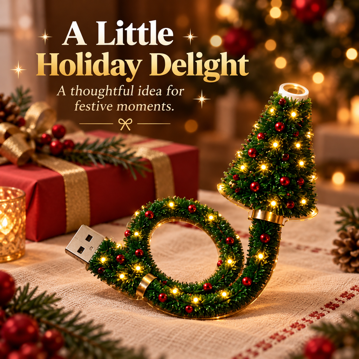Christmas tree projector beside holiday gifts and decorations