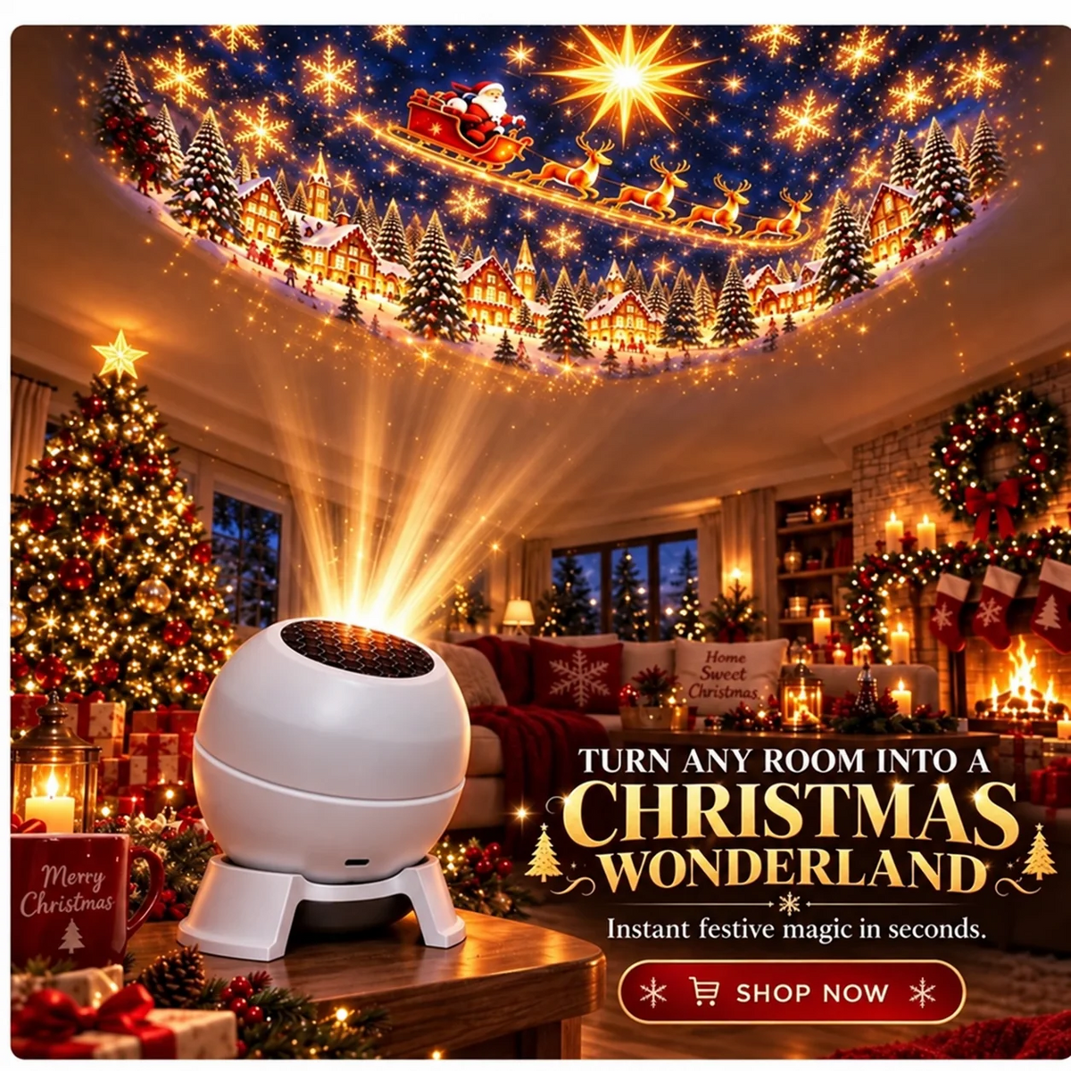 Christmas projection lamp lighting a festive room