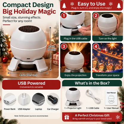 Compact white projector lamp with USB setup and product details