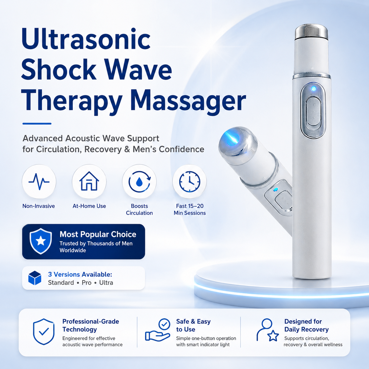 Advanced sonic shock therapy can restore the health of body tissues, enhance men's self-confidence, and relieve muscle pain, joint stiffness, and tendon discomfort.
