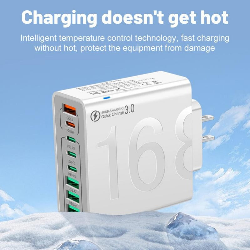 168W GaN USB Fast Charger 8-Port Power Hub for USB-C&A