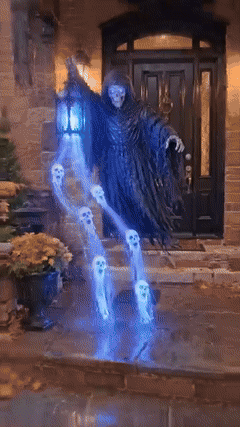 Blue glowing Halloween garden display